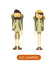 Flat cartoon couple with hiking equipment isolated