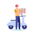 Flat cartoon courier character carry online buys,order delivery service vector illustration concept