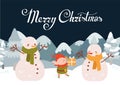 Flat cartoon cute vector Christmas elfs with snowman. winter landscape Royalty Free Stock Photo