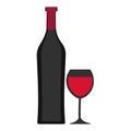 Flat cartoon delicious French bottle of red wine and wine glass icon Illustration