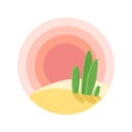 Flat cartoon desert sunset landscape with cactus in circle. Royalty Free Stock Photo