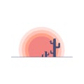 Flat cartoon desert sunset landscape with cactus silhouette. Royalty Free Stock Photo