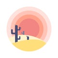 Flat cartoon desert sunset landscape with cactus silhouette in circle. Royalty Free Stock Photo