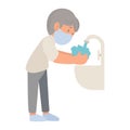 Flat cartoon design of young man washing hands with soap under running water to prevent virus and bacteria. COVID-19 prevention. Royalty Free Stock Photo