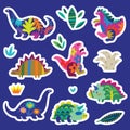 Flat cartoon dinosaurs and plants stickers set Royalty Free Stock Photo