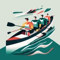 Flat cartoon drawing of rowers on a boat on a color background. For your logo or sticker design