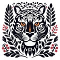 Flat cartoon drawing of a tiger on the background of an ornament of leaves