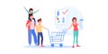 Flat cartoon family characters buy goods with grocery shopping list,vector illustration concept