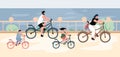 Flat cartoon family characters ride bicycles,vector illustration concept Royalty Free Stock Photo