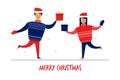 Flat cartoon family characters in sweaters with gift boxes,Merry Christmas New Year greeting card banner concept.Flat Royalty Free Stock Photo