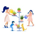 Flat Family Taking Care for Houseplants Together