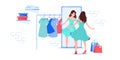 Flat cartoon girl character trying new dress outfit,fashion shopping vector illustration concept