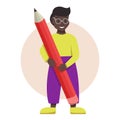 Flat cartoon happy character student boy standing with a big pencil. Education concept. Vector illustration isolated on Royalty Free Stock Photo