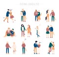 Flat cartoon happy romantic couples walking together on white background. Standing single lonely girl or pairs of men
