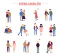 Flat cartoon happy romantic couples walking together on white background. Standing single lonely girl or pairs of men