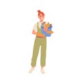 Flat cartoon happy smiling woman house worker character carrying bucket with cleaning supplies