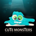 Flat illustration cartoon cute monster blue creature slime with spots standing in a beam of light mirror lettering Royalty Free Stock Photo