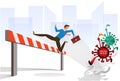 Flat cartoon image of businessman jumping over a barrier crisis COVID-19 Coronavirus that affect the global economy