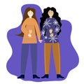 Flat cartoon lesbian couple standing near decorated Christmas tree and holding gift boxes preparing for winter holidays