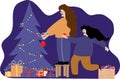 Flat cartoon lesbian couple standing near decorated Christmas tree and holding gift boxes preparing for winter holidays