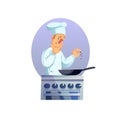 Flat cartoon man character chef cooks meal in pan,professional food cooking workflow vector illustration concept