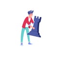 Flat cartoon man character holds chess figure,strategic planning and decisions making metaphor vector illustration