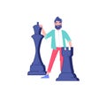 Flat cartoon man character holds chess figures,strategic planning and decisions making metaphor vector illustration