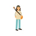 Flat cartoon man hippie with guitar. Carefree male with long hair dressed in classic woodstock sixties hippy subculture