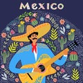 Flat cartoon of a mexican man playing guitar in sombrero, hand drawing folk flat doodles vector