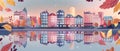 In this flat cartoon modern illustration of autumn city, three-four story colorful houses are reflected in mirror