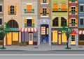 Flat cartoon multicolor colorful historic buildings city town Paris, France.