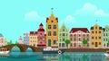 Flat cartoon multicolored colorful historic buildings city town suburb Amsterdam Holland panoramic looped animated background.