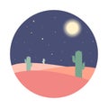 Flat cartoon night desert landscape with cactus silhouette in circle. Royalty Free Stock Photo