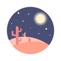 Flat cartoon night desert landscape with cactus silhouette in circle. Royalty Free Stock Photo