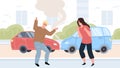 Flat cartoon pair of characters in car accident quarrel,conflict scene vector illustration concept
