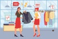 Flat cartoon pair of quarreling characters in clothing store,conflict scene vector illustration concept