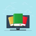 Flat cartoon pc with books, concept of ebook library, digital online study, icon isolated image. Vector illustration. Royalty Free Stock Photo