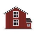 Flat cartoon red wooden barn house, gray roof, big windows with boards. Vector Outline isolated hand drawn illustration Royalty Free Stock Photo