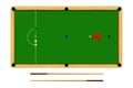 Flat cartoon snooker table, billiard ball set, brown wooden table and cue on white background, vector illustration