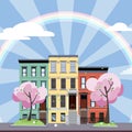 Flat cartoon style vector illustration of spring city street with rainbow. Three-story colorful houses with pink blooming tree .