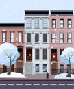 Flat cartoon style vector illustration of an winter city street. Three-four-story houses. snow-covered trees and fluing Royalty Free Stock Photo