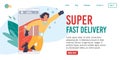 Flat cartoon superhero character delivery service,landing page vector illustration concept