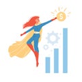 Flat cartoon superhero character,successful business goal achievment metaphor vector illustration concept