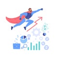 Flat cartoon superhero character,successful business goal achievment metaphor vector illustration concept