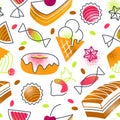 Flat cartoon sweets and cakes confectionery seamless pattern