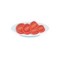 Flat cartoon tomato slices on plate,balanced diet,healthy breakfast and food cooking vector illustration concept