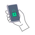 Flat cartoon vector illustration of hand holding smartphone with lock icon on screen, digital security concept, data Royalty Free Stock Photo