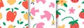 Flat cartoon vector illustration set, collection of spring summer patterns with bright naive doodles, apples, doves Royalty Free Stock Photo