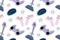 Flat cartoon vector illustration of videogame pattern with game controllers, joysticks, computer mice and virtual Royalty Free Stock Photo