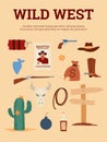 Flat cartoon vector poster with set of wild west traditional symbols Royalty Free Stock Photo